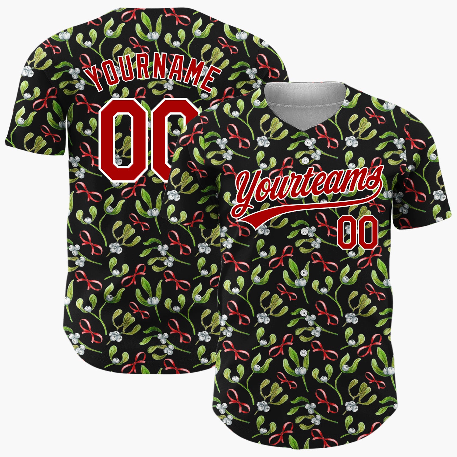 Custom Black Mistletoe Bows Watercolor Christmas Baseball Jersey