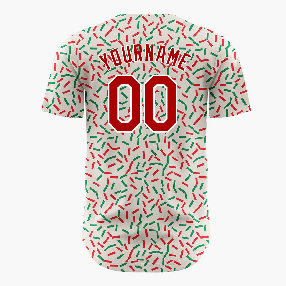 Custom Cream Red Green Confetti Sprinkles Abstract Pattern Christmas Baseball Jersey