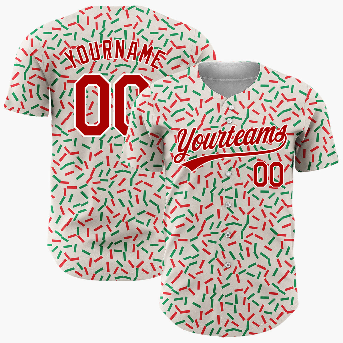Custom Cream Red Green Confetti Sprinkles Abstract Pattern Christmas Baseball Jersey