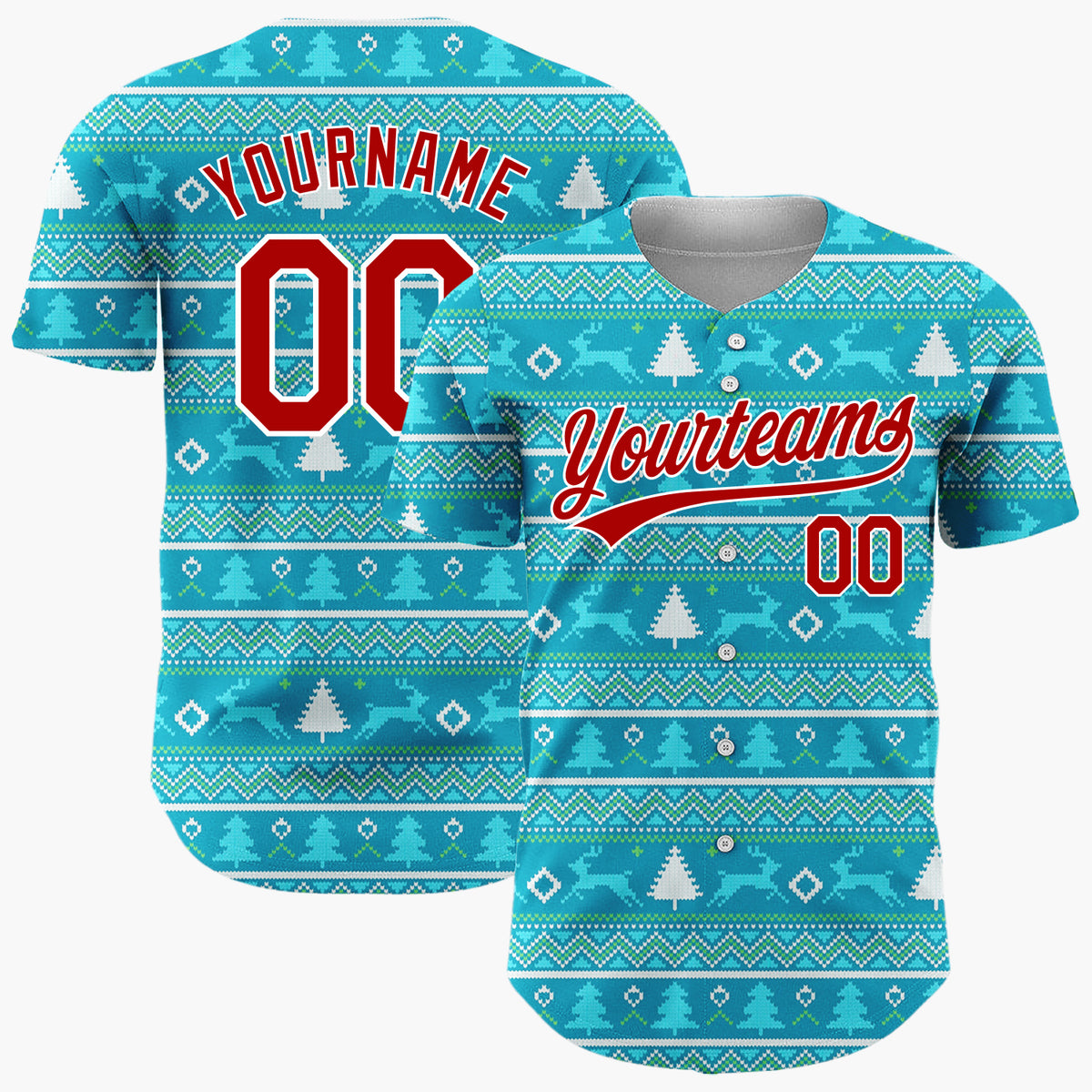 Custom Blue White Trees And Reindeer Nordic Knitted Christmas Baseball Jersey