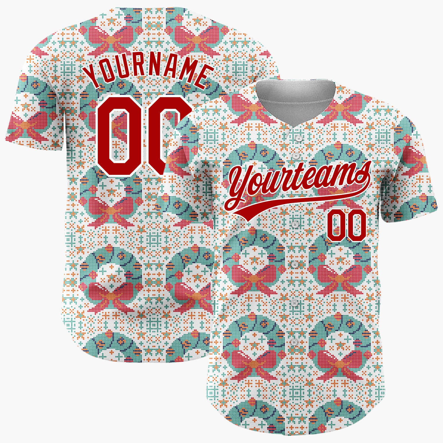 Custom Cream Wreath Cross Stitch Sweater Pattern Christmas Baseball Jersey