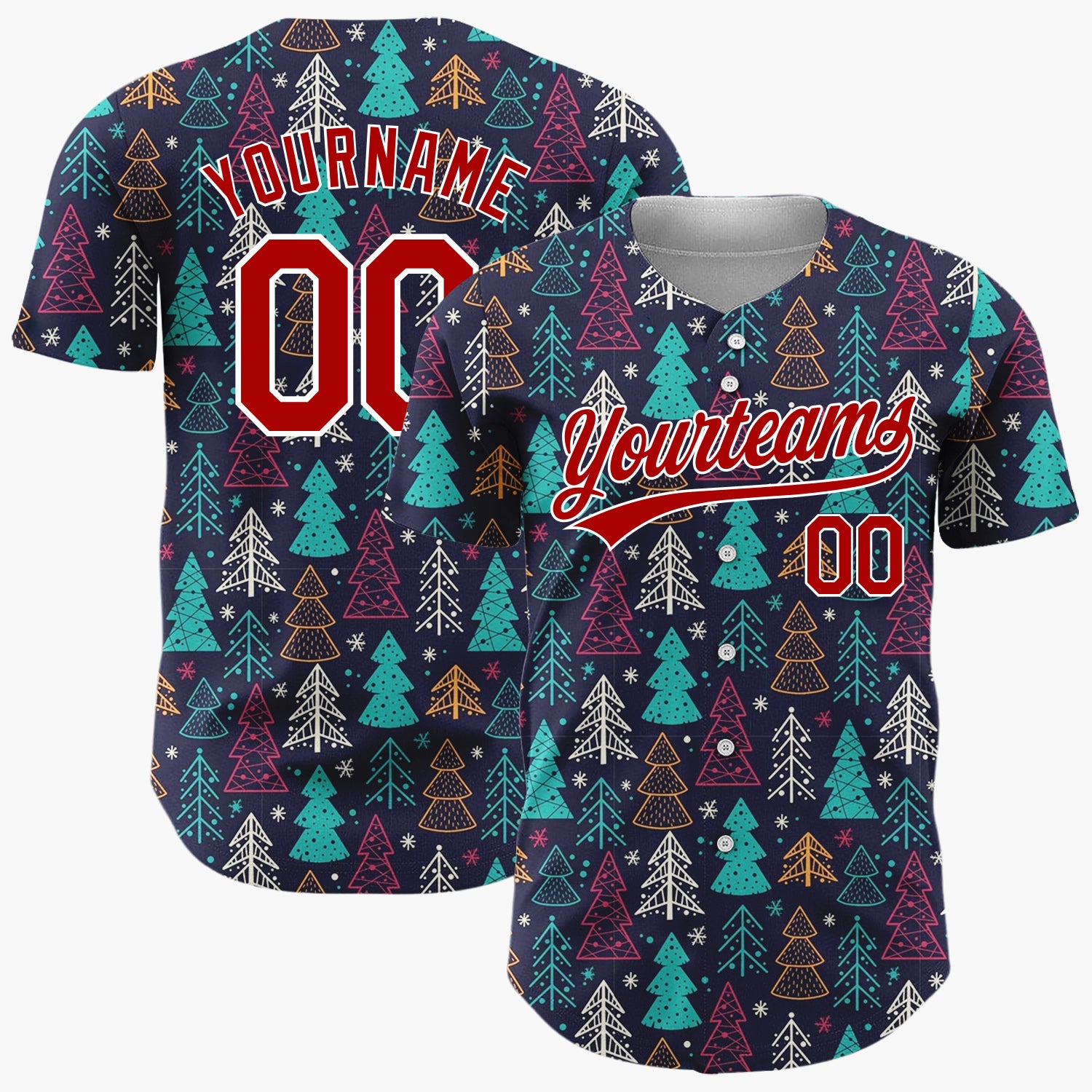 Custom Dark Blue Christmas Trees Festive Doodles Cartoon Pattern Christmas Baseball Jersey
