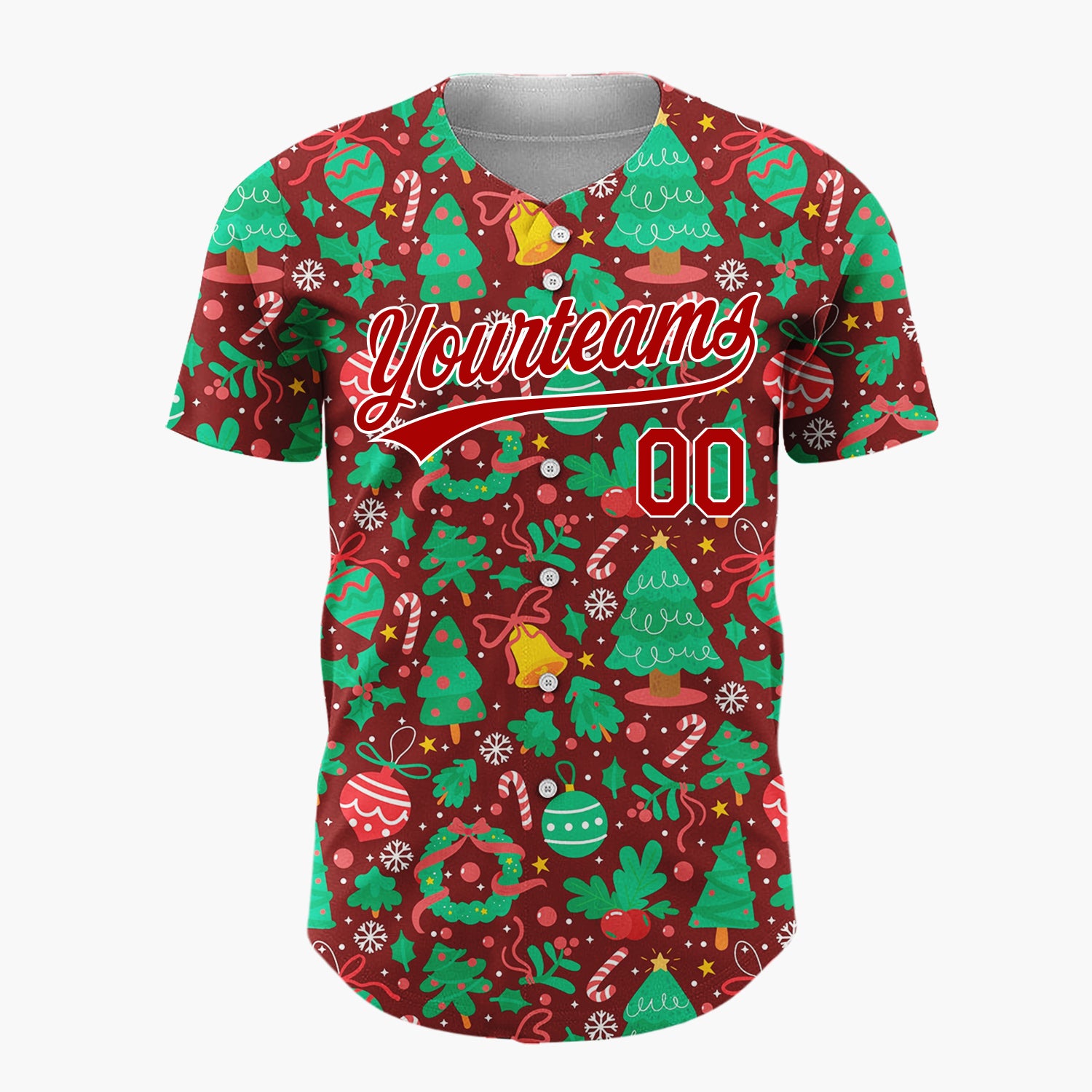 Custom Burgundy Green Trees Ornaments And Wreaths Festive Christmas Baseball Jersey