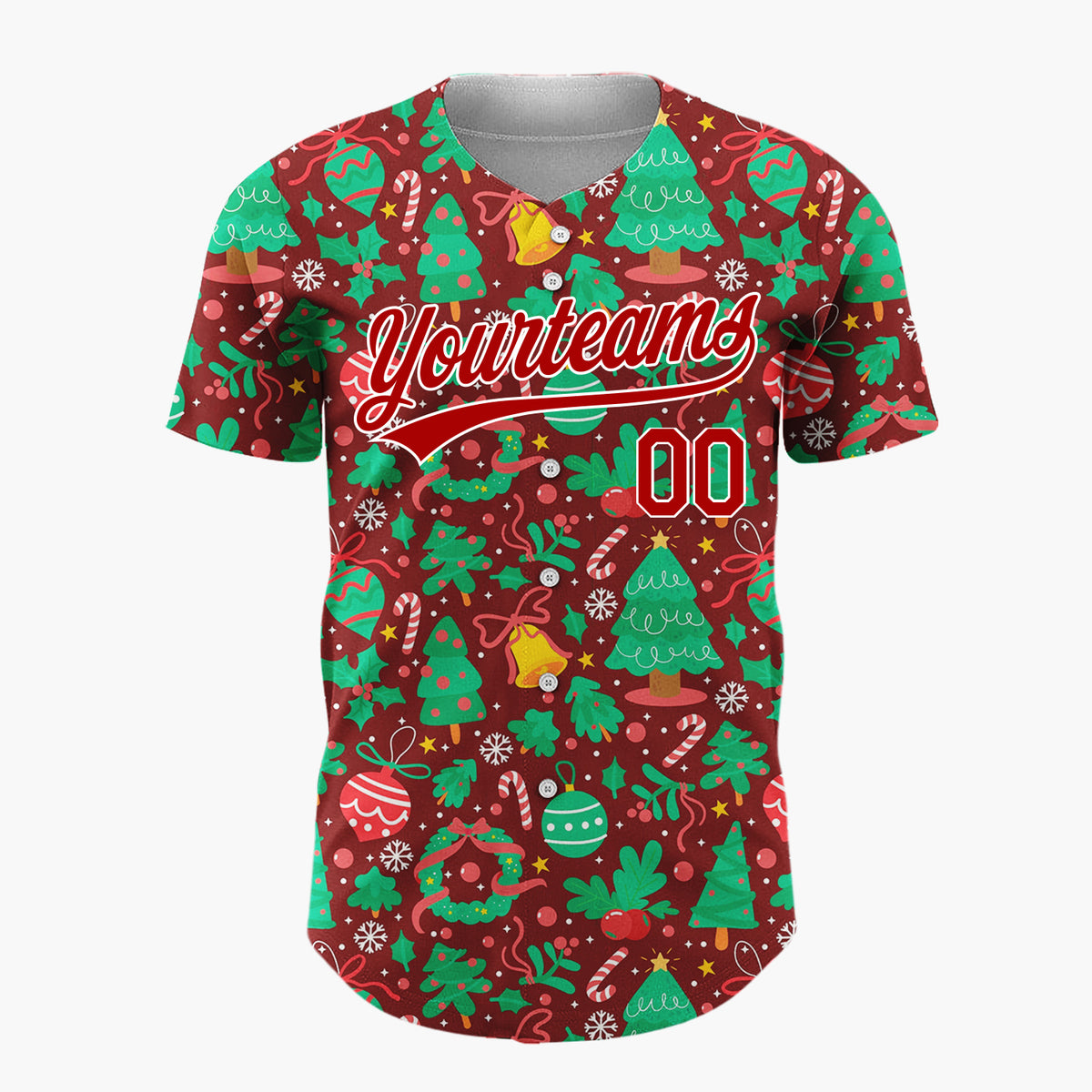 Custom Burgundy Green Trees Ornaments And Wreaths Festive Christmas Baseball Jersey