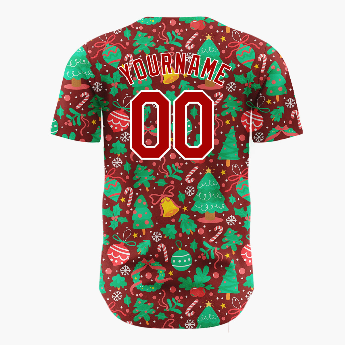 Custom Burgundy Green Trees Ornaments And Wreaths Festive Christmas Baseball Jersey