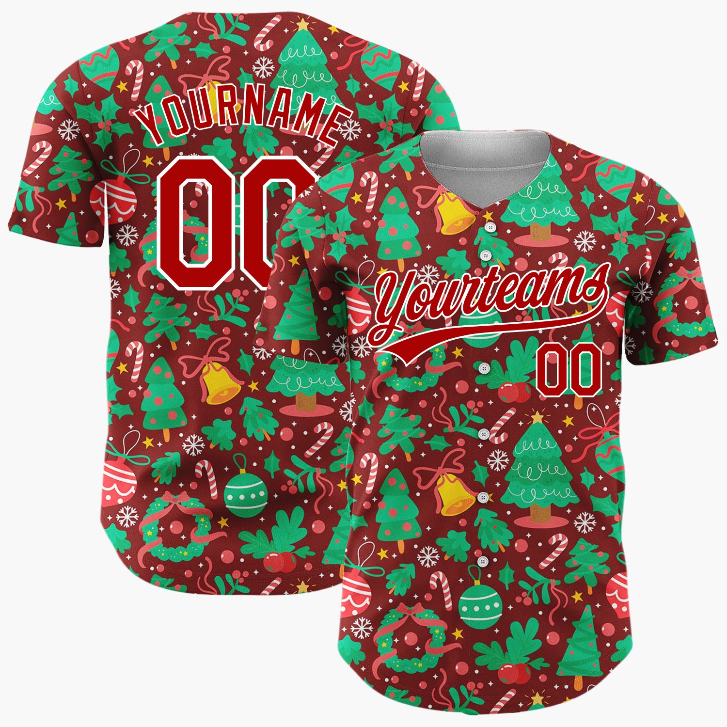 Custom Burgundy Green Trees Ornaments And Wreaths Festive Christmas Baseball Jersey