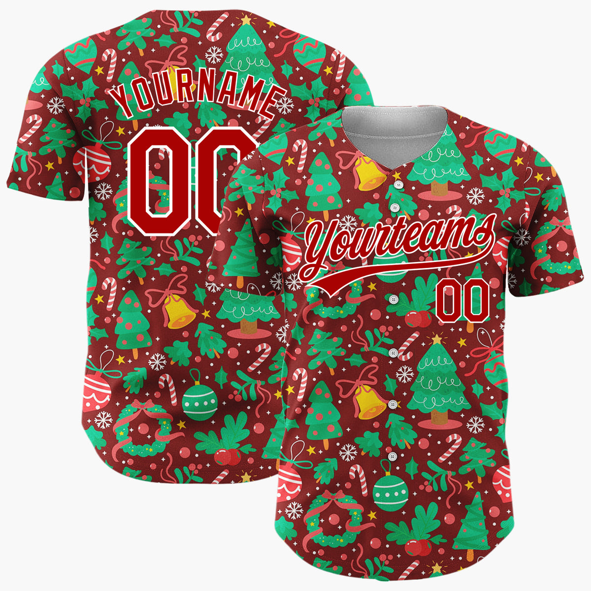 Custom Burgundy Green Trees Ornaments And Wreaths Festive Christmas Baseball Jersey