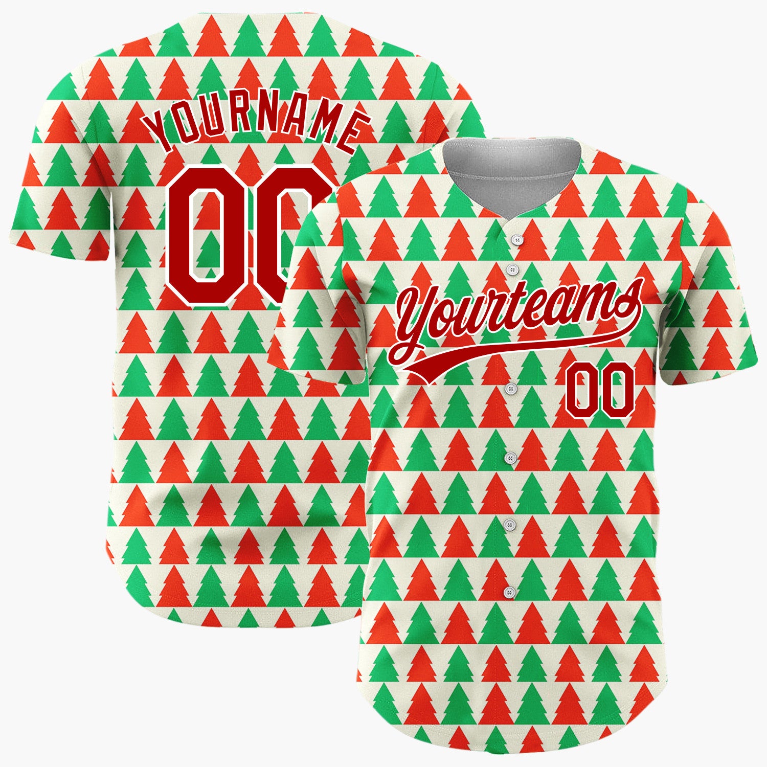 Custom Cream Red Green Christmas Tree Stripes Simple Pattern Christmas Baseball Jersey