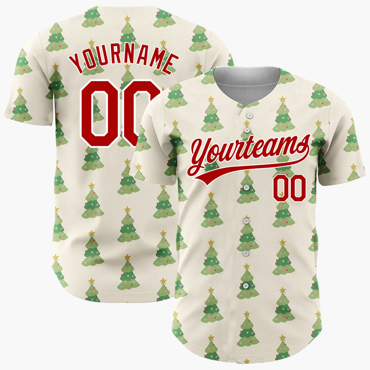 Custom Cream Green Decorated Christmas Trees Cute Pattern Christmas Baseball Jersey