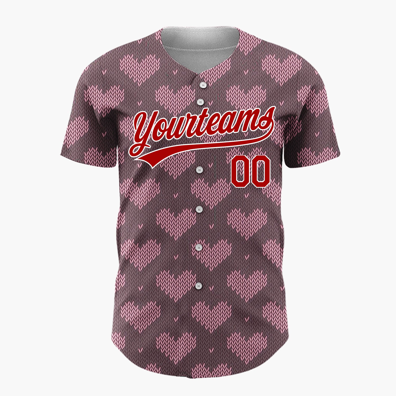 Custom Brown Pink Knit Hearts Nordic Knitted Pattern Christmas Baseball Jersey