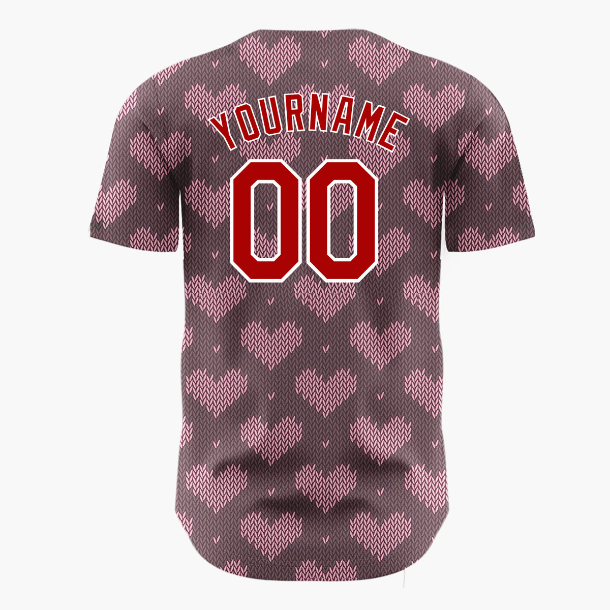 Custom Brown Pink Knit Hearts Nordic Knitted Pattern Christmas Baseball Jersey