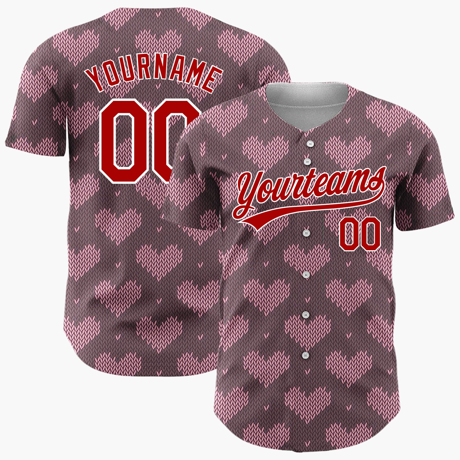 Custom Brown Pink Knit Hearts Nordic Knitted Pattern Christmas Baseball Jersey