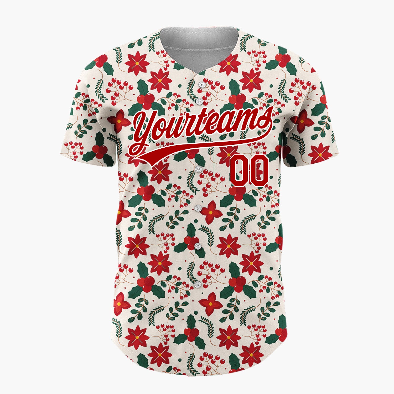Custom Cream Poinsettia Holly Traditional Pattern Christmas Baseball Jersey