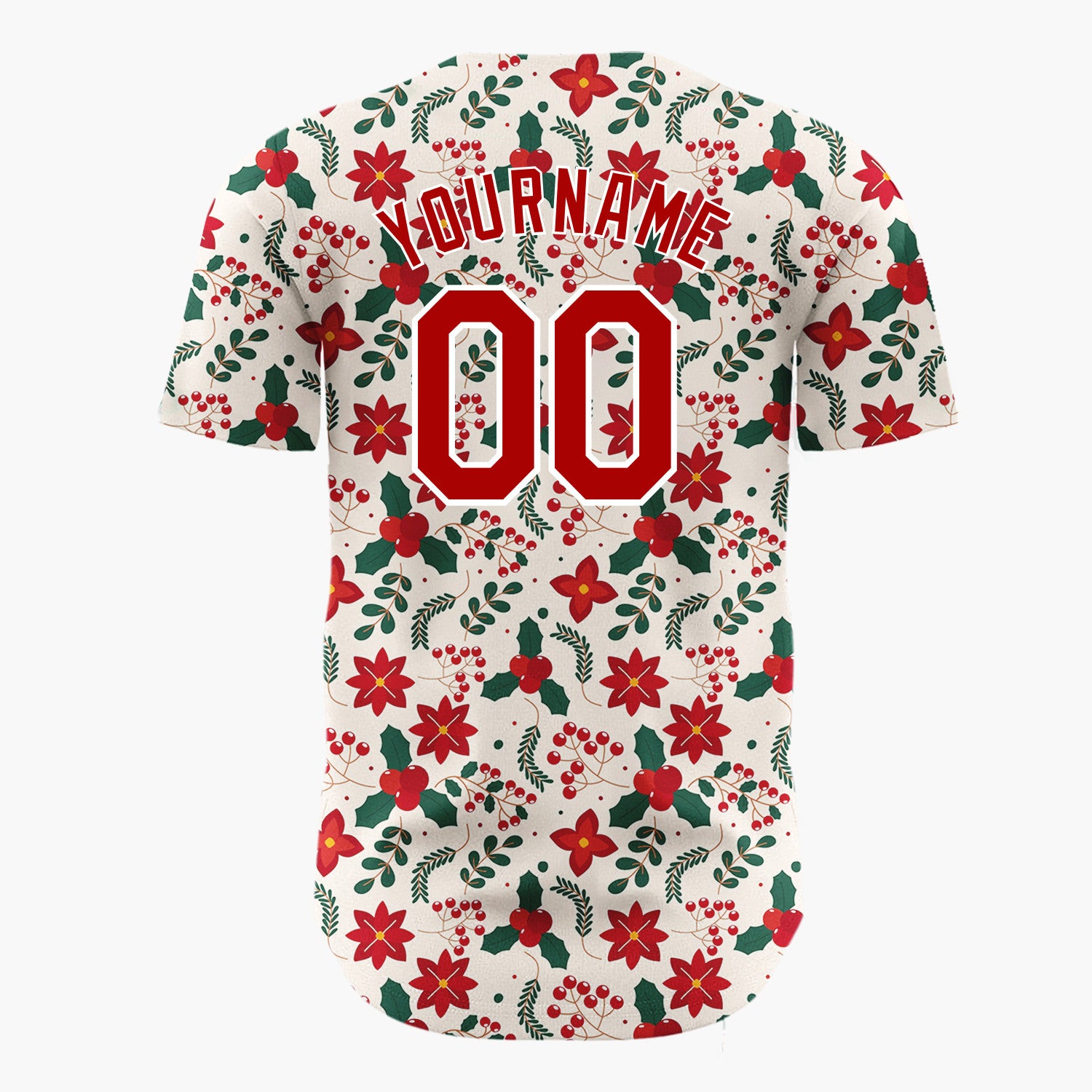 Custom Cream Poinsettia Holly Traditional Pattern Christmas Baseball Jersey
