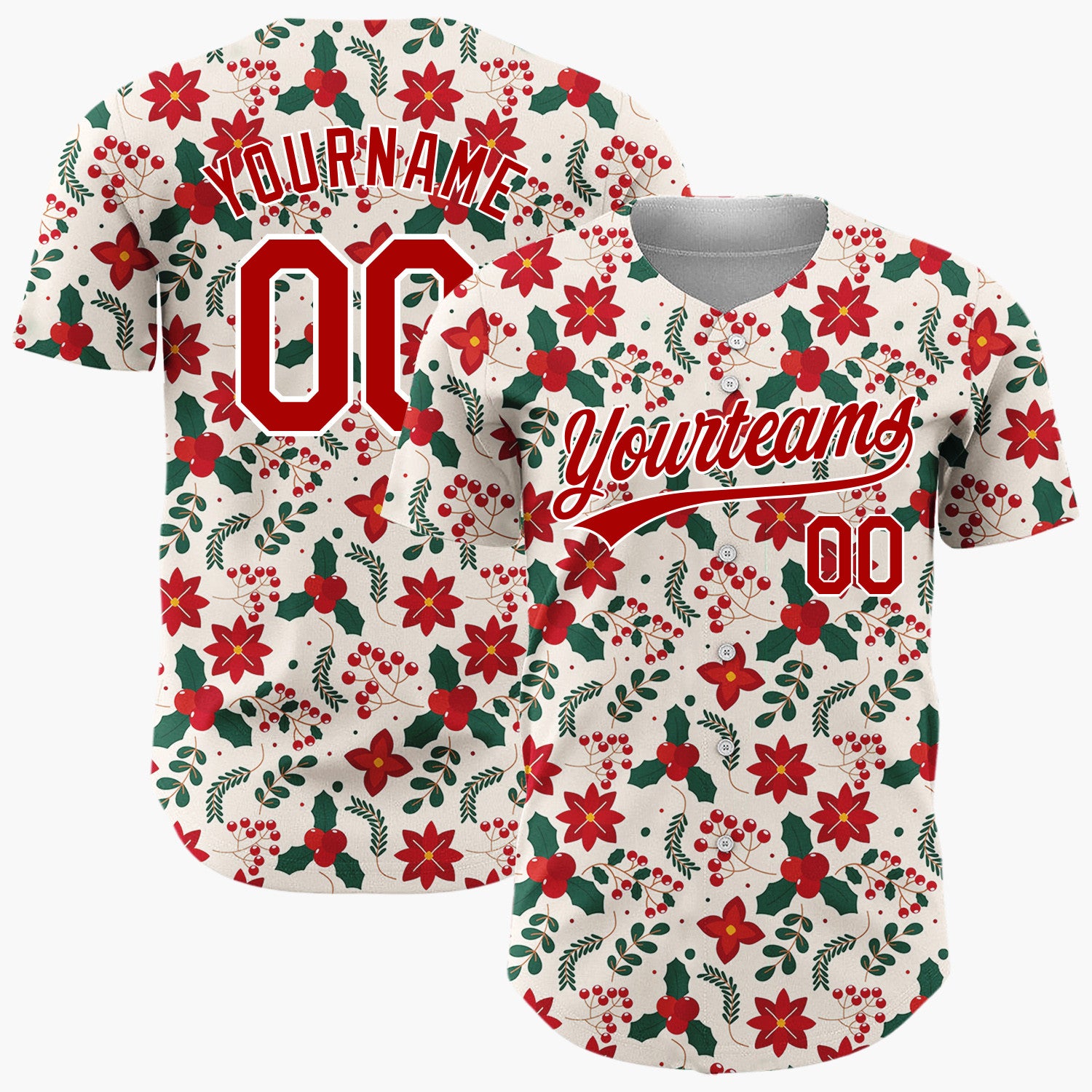 Custom Cream Poinsettia Holly Traditional Pattern Christmas Baseball Jersey
