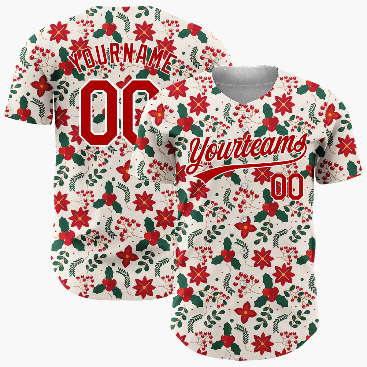 Custom Cream Poinsettia Holly Traditional Pattern Christmas Baseball Jersey