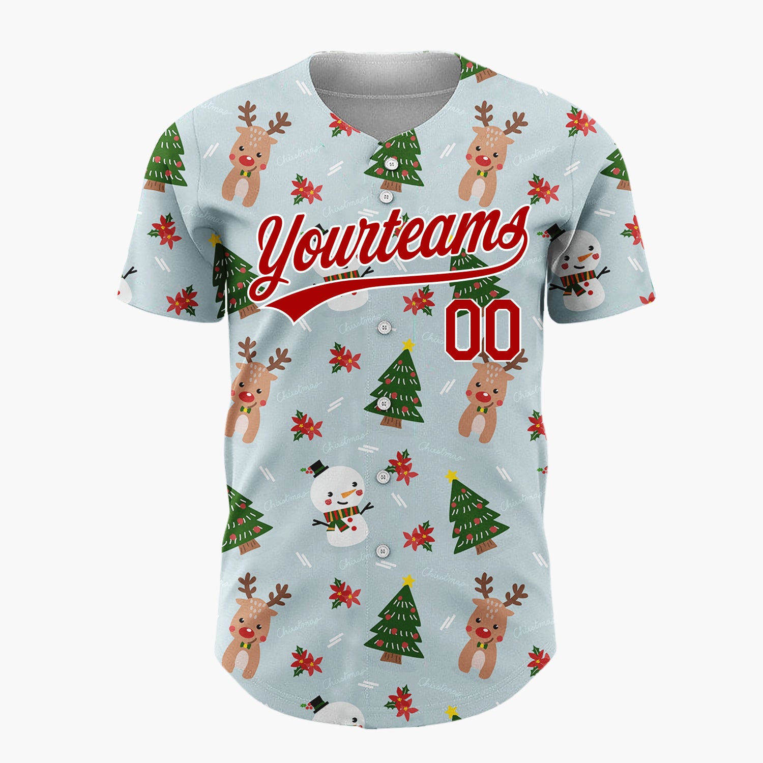 Custom Blue Snowmen Reindeer Trees Cute Cartoon Christmas Baseball Jersey