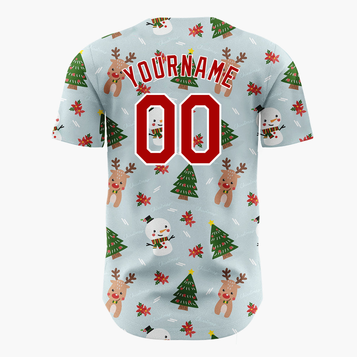 Custom Blue Snowmen Reindeer Trees Cute Cartoon Christmas Baseball Jersey