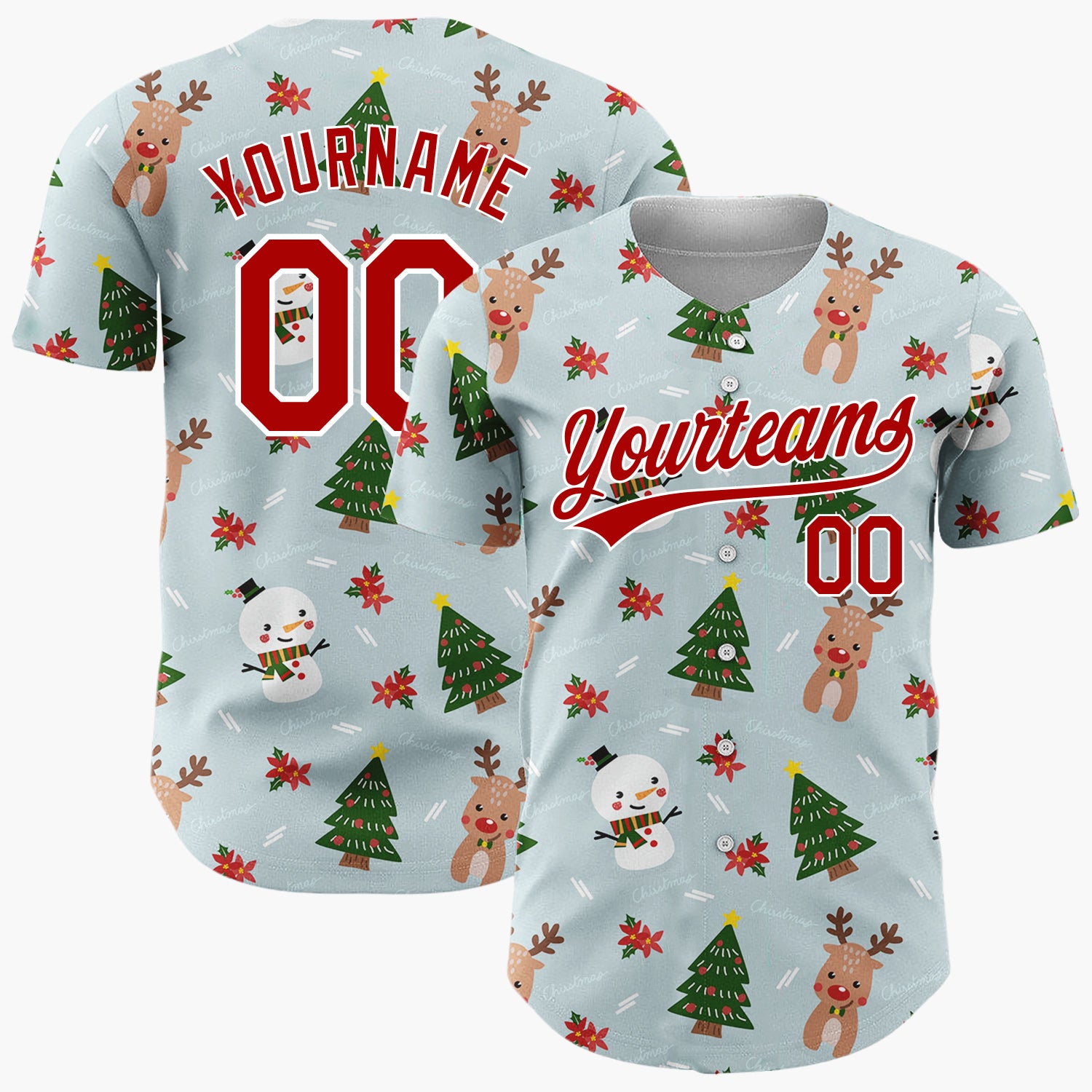 Custom Blue Snowmen Reindeer Trees Cute Cartoon Christmas Baseball Jersey