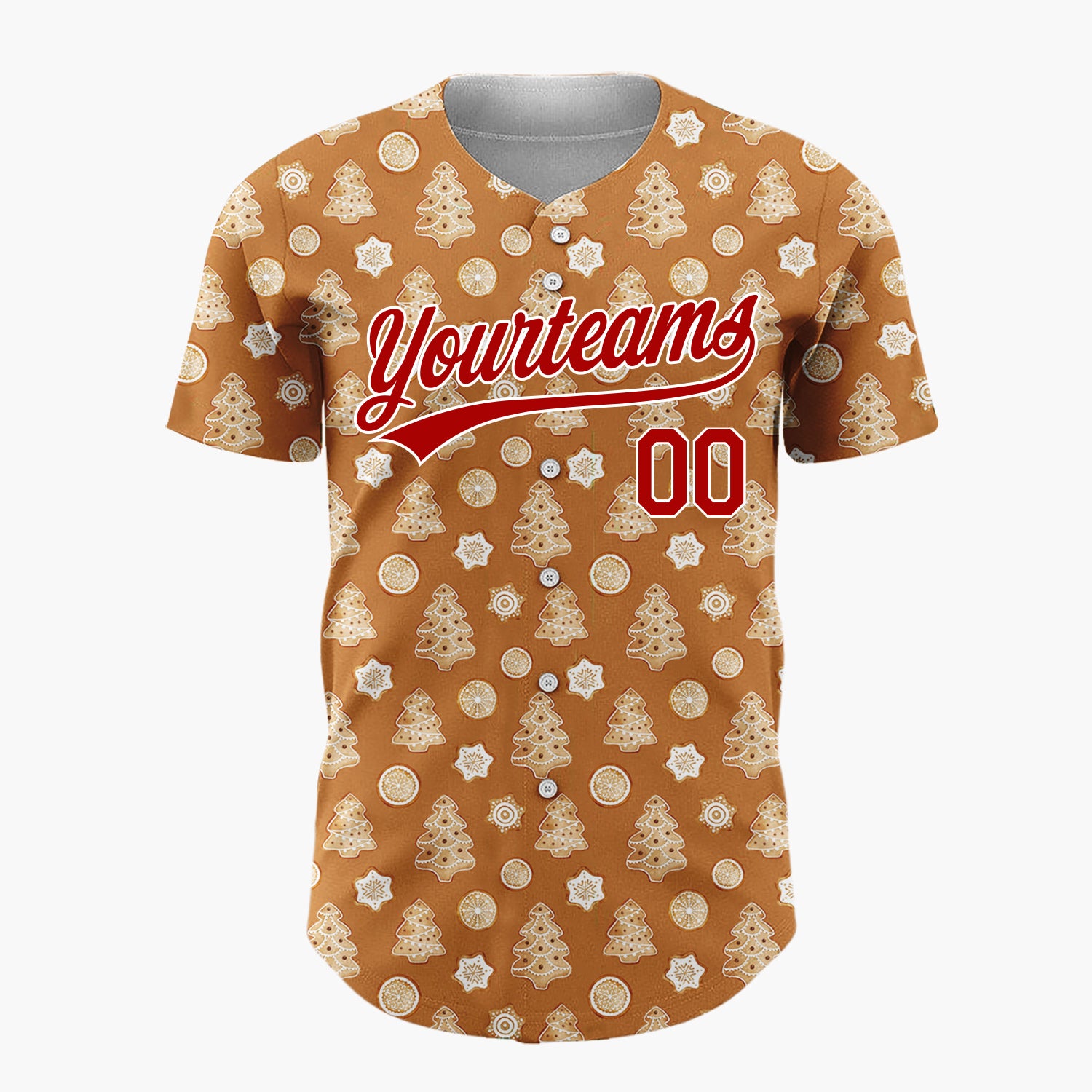 Custom Brown Gingerbread Trees And Oranges Baked Goods Pattern Christmas Baseball Jersey