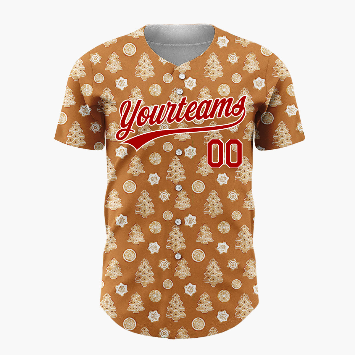 Custom Brown Gingerbread Trees And Oranges Baked Goods Pattern Christmas Baseball Jersey