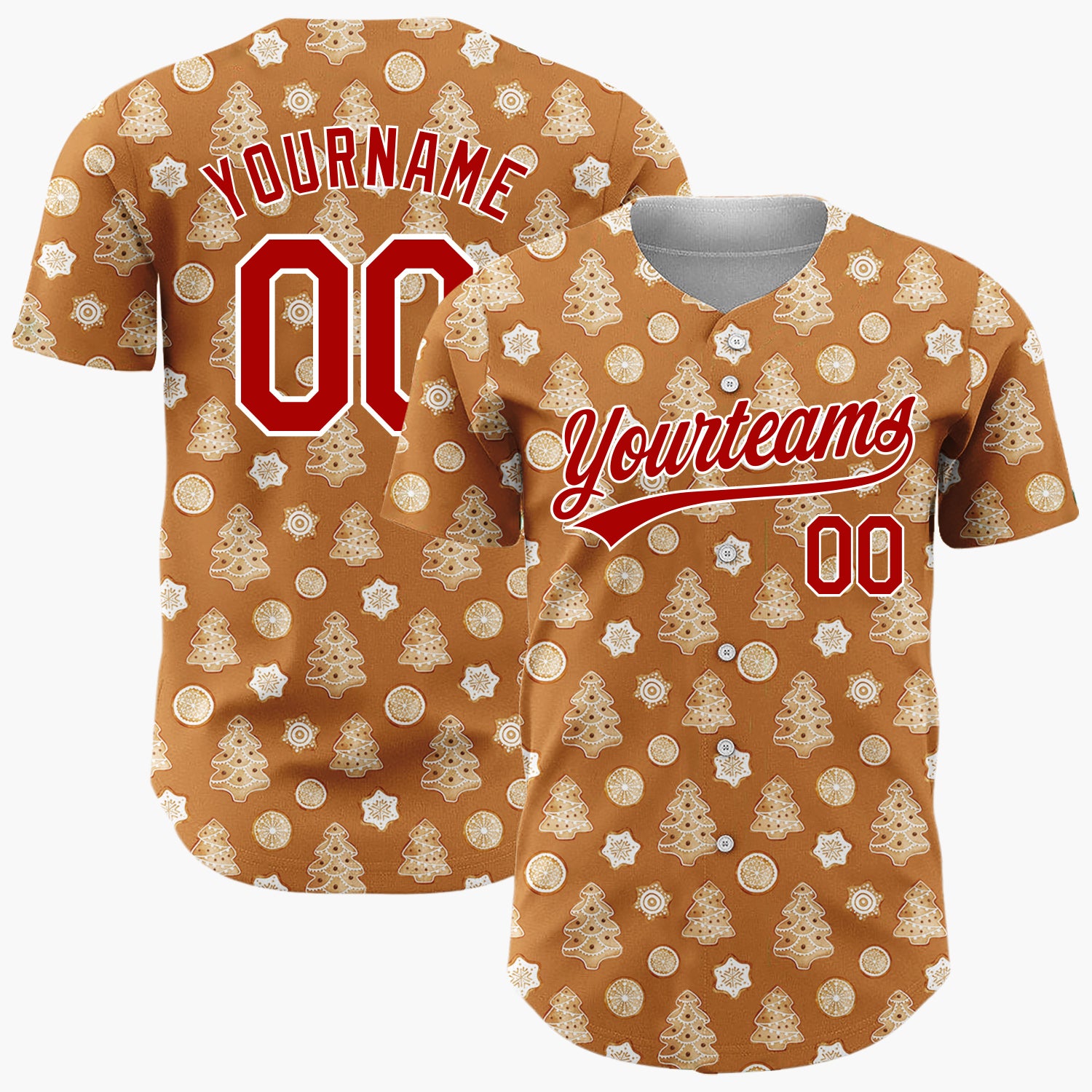 Custom Brown Gingerbread Trees And Oranges Baked Goods Pattern Christmas Baseball Jersey