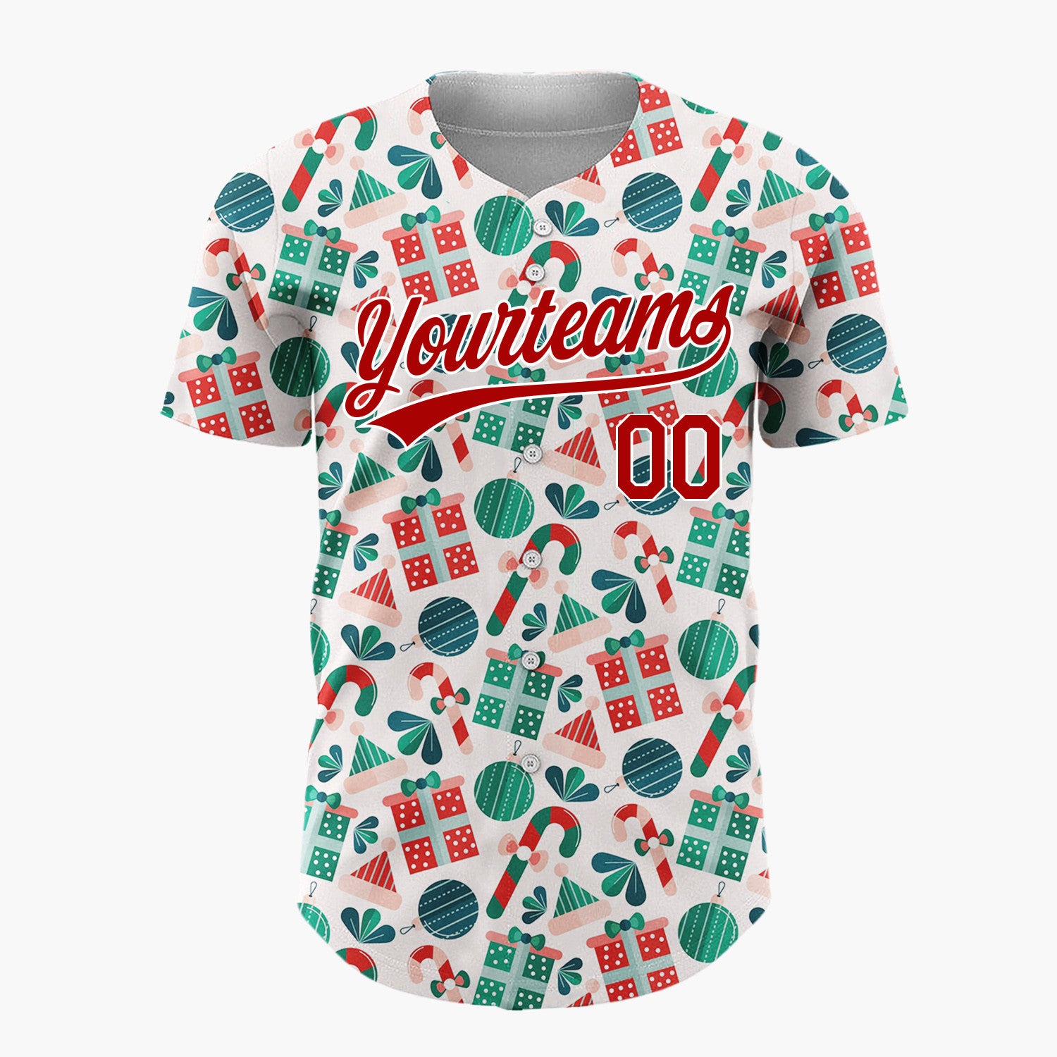 Custom Cream Green Red Festive Gifts And Candy Canes Christmas Baseball Jersey