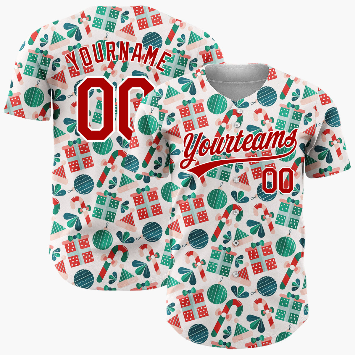 Custom Cream Green Red Festive Gifts And Candy Canes Christmas Baseball Jersey