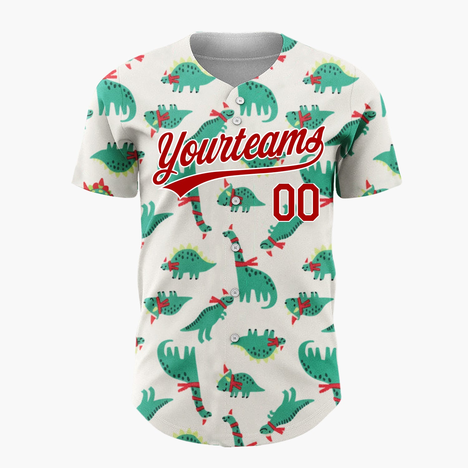 Custom Cream Green Dinosaurs With Scarves Cute Christmas Baseball Jersey