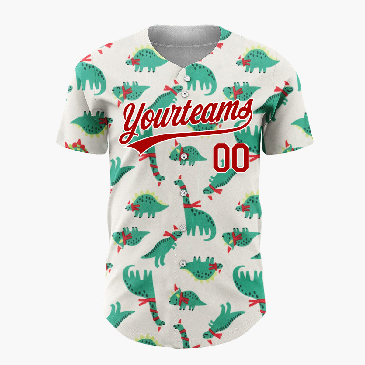 Custom Cream Green Dinosaurs With Scarves Cute Christmas Baseball Jersey