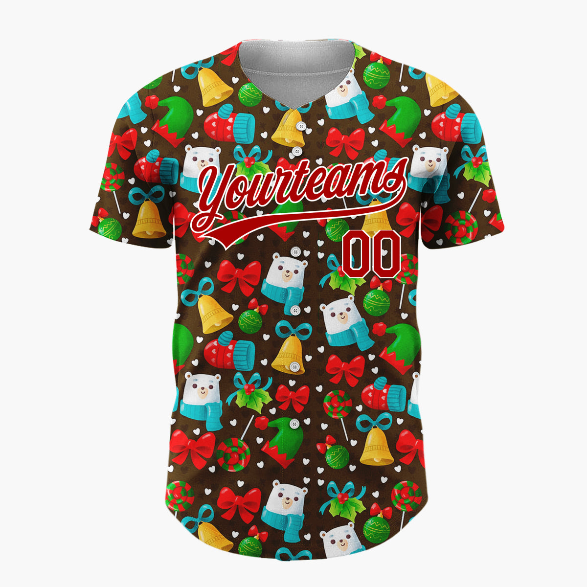 Custom Brown Red Green Bears Mittens And Bells Festive Christmas Baseball Jersey