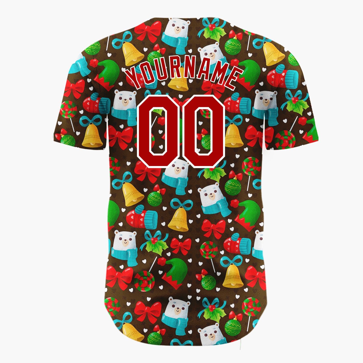 Custom Brown Red Green Bears Mittens And Bells Festive Christmas Baseball Jersey