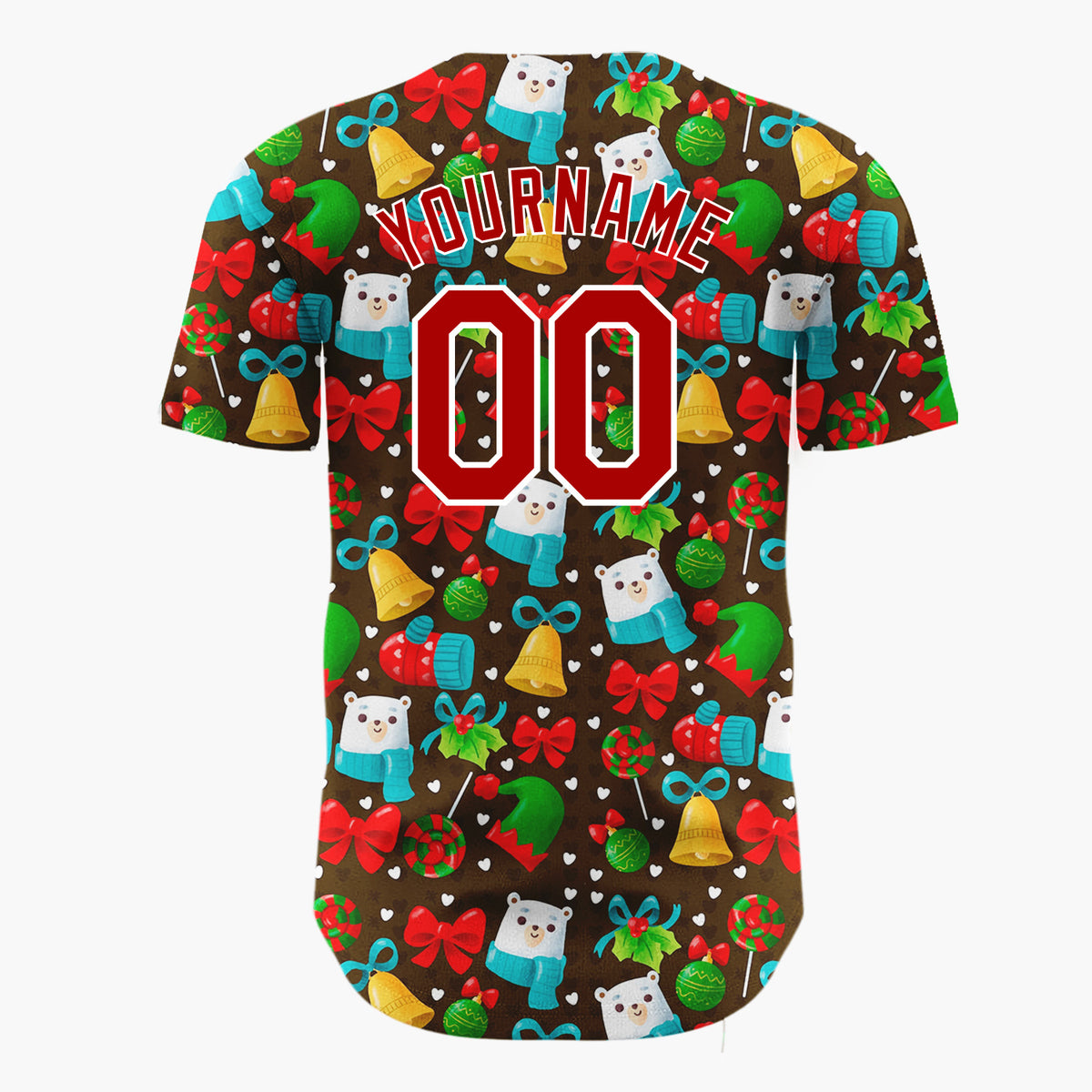Custom Brown Red Green Bears Mittens And Bells Festive Christmas Baseball Jersey