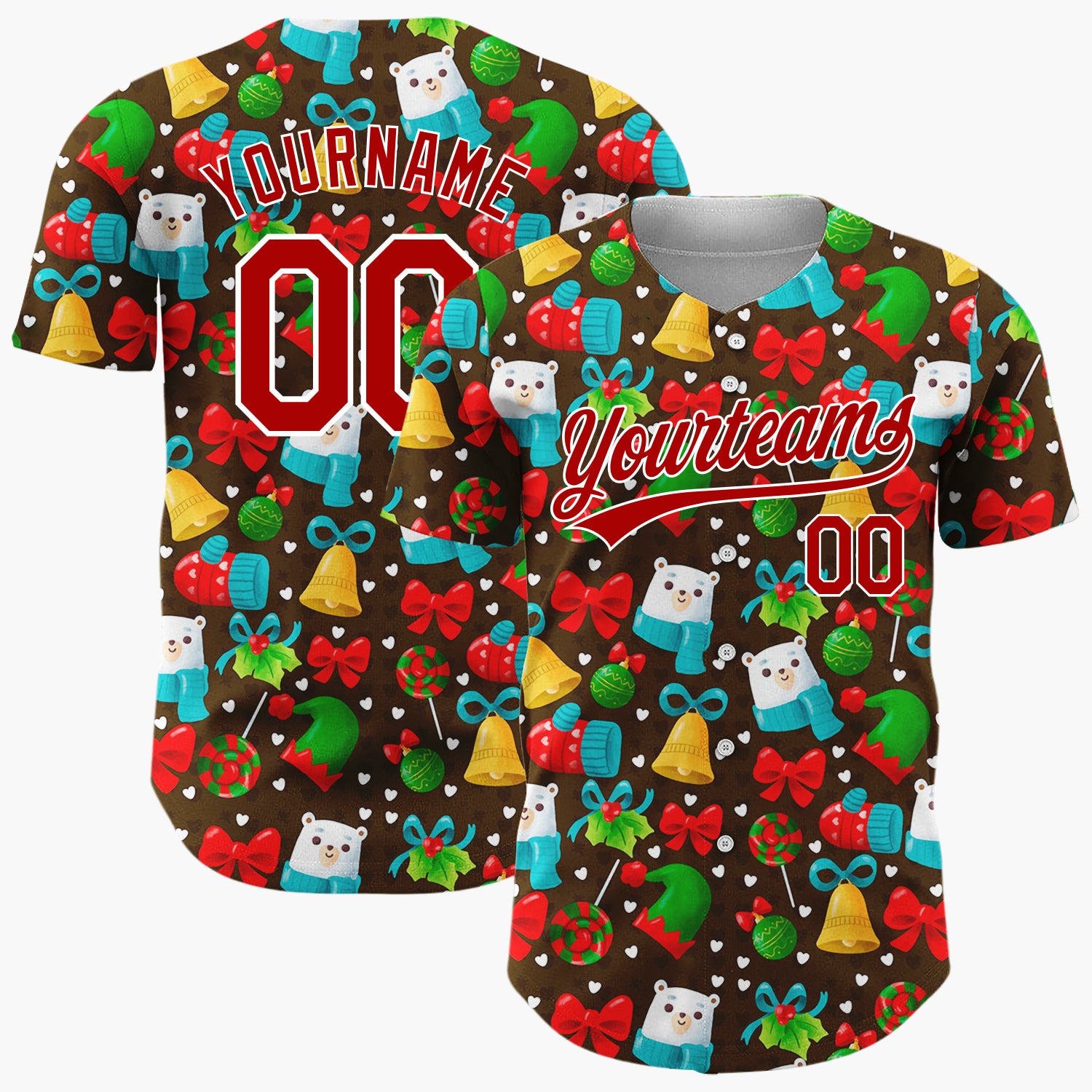 Custom Brown Red Green Bears Mittens And Bells Festive Christmas Baseball Jersey