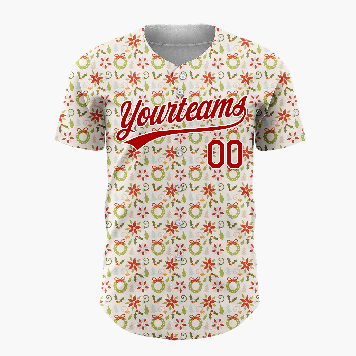 Custom Cream Red Green Poinsettia Wreaths And Leaves Elegant Christmas Baseball Jersey