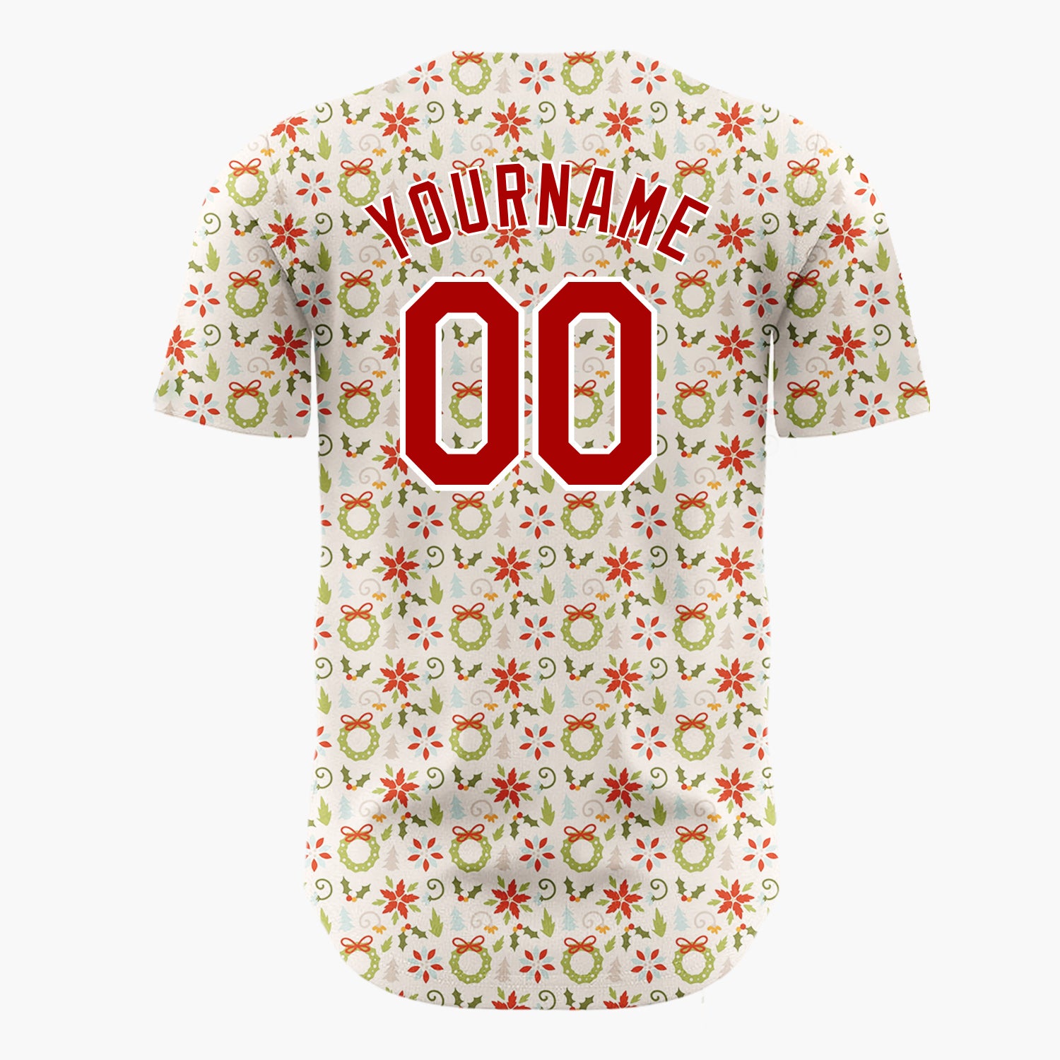 Custom Cream Red Green Poinsettia Wreaths And Leaves Elegant Christmas Baseball Jersey