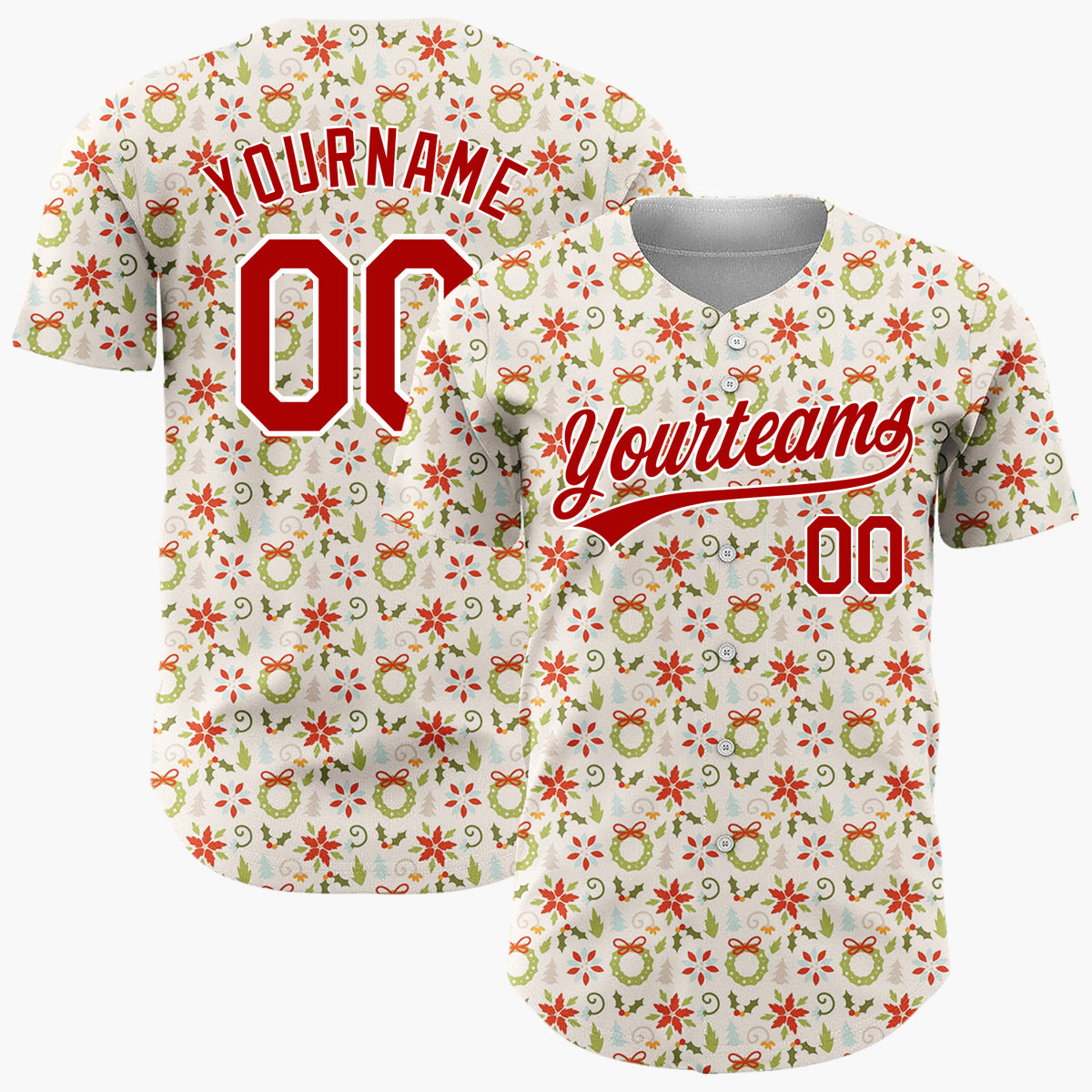 Custom Cream Red Green Poinsettia Wreaths And Leaves Elegant Christmas Baseball Jersey