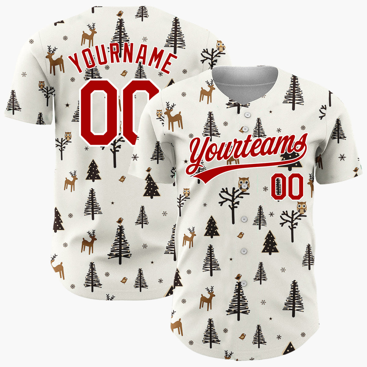 Custom Cream Woodland Creatures Trees Nordic Christmas Baseball Jersey