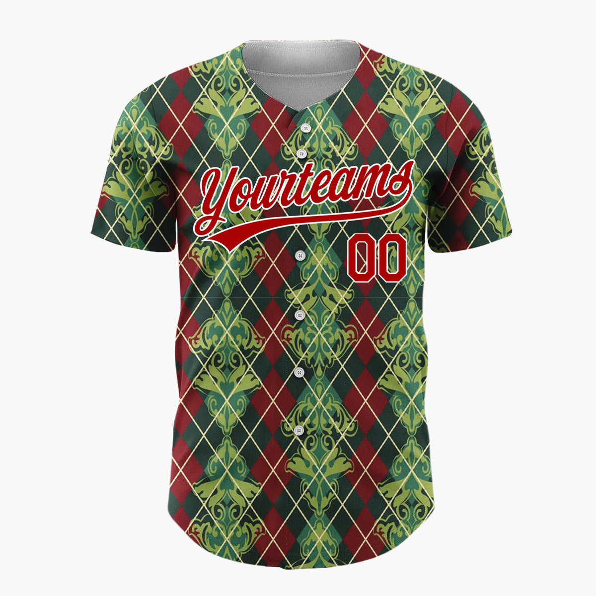 Custom Burgundy Green Vintage Argyle Damask Elegant Holiday Pattern Christmas Baseball Jersey