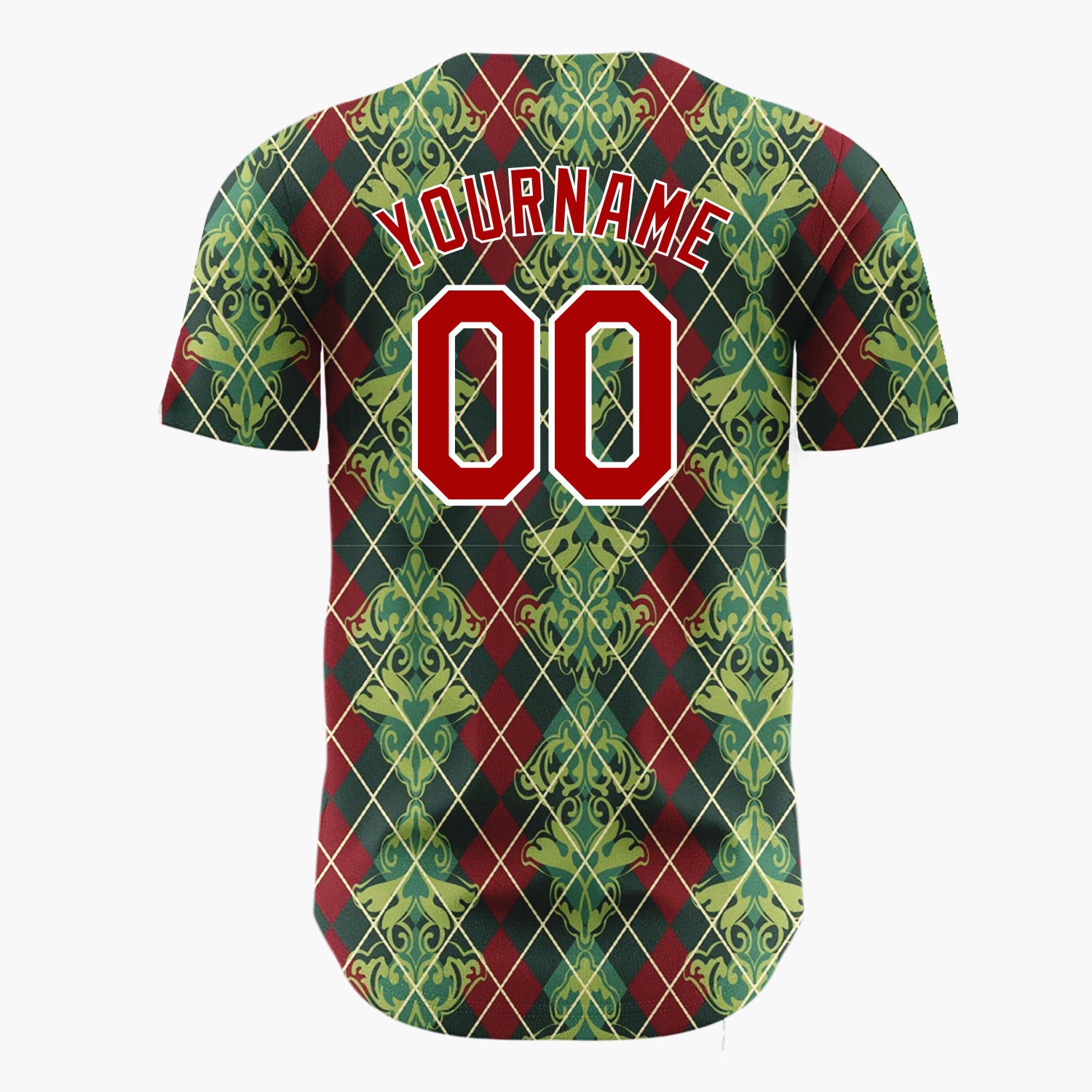 Custom Burgundy Green Vintage Argyle Damask Elegant Holiday Pattern Christmas Baseball Jersey