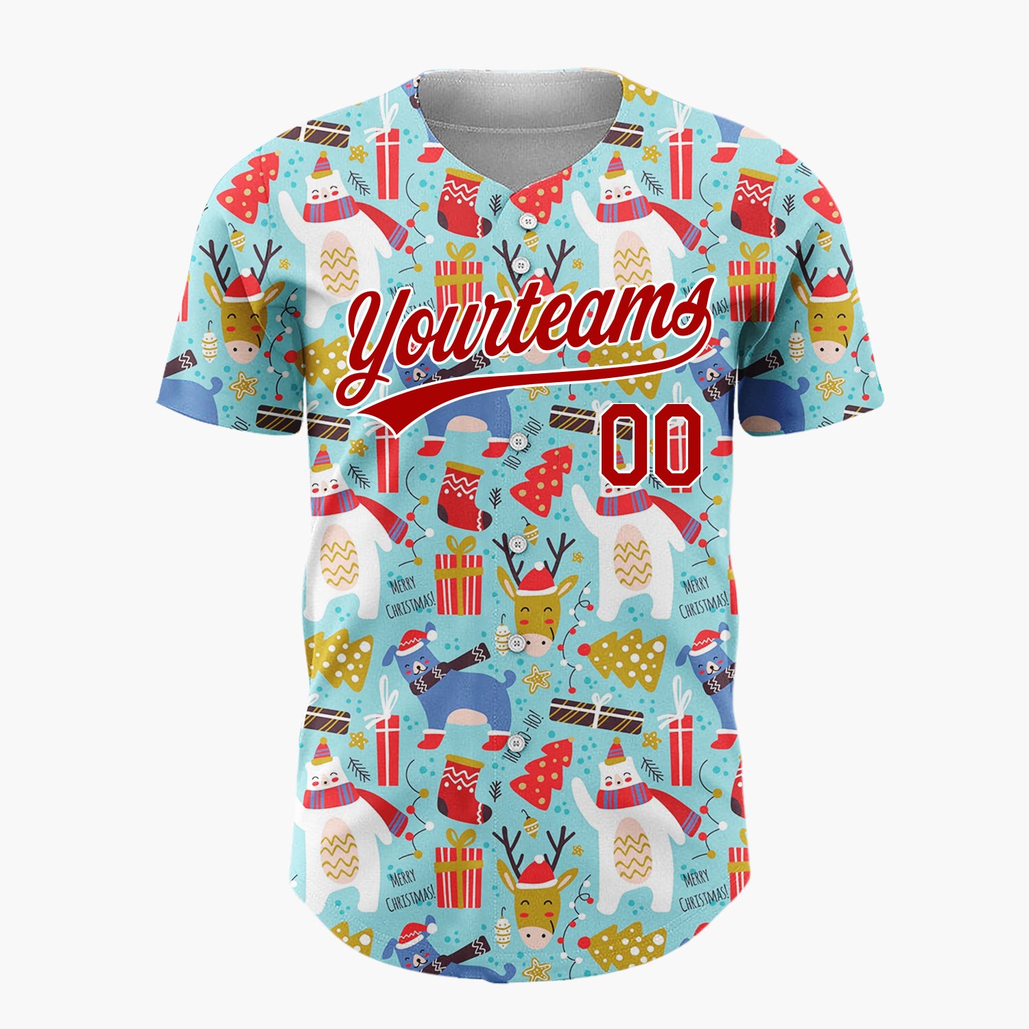 Custom Blue Red White Polar Bear And Reindeer Funny Animals Doodle Pattern Christmas Baseball Jersey