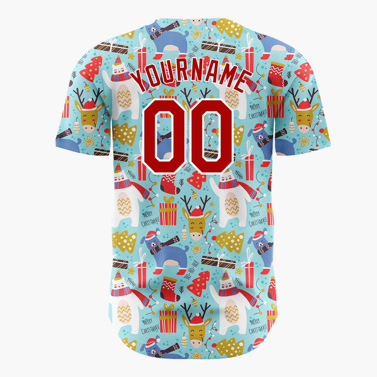 Custom Blue Red White Polar Bear And Reindeer Funny Animals Doodle Pattern Christmas Baseball Jersey