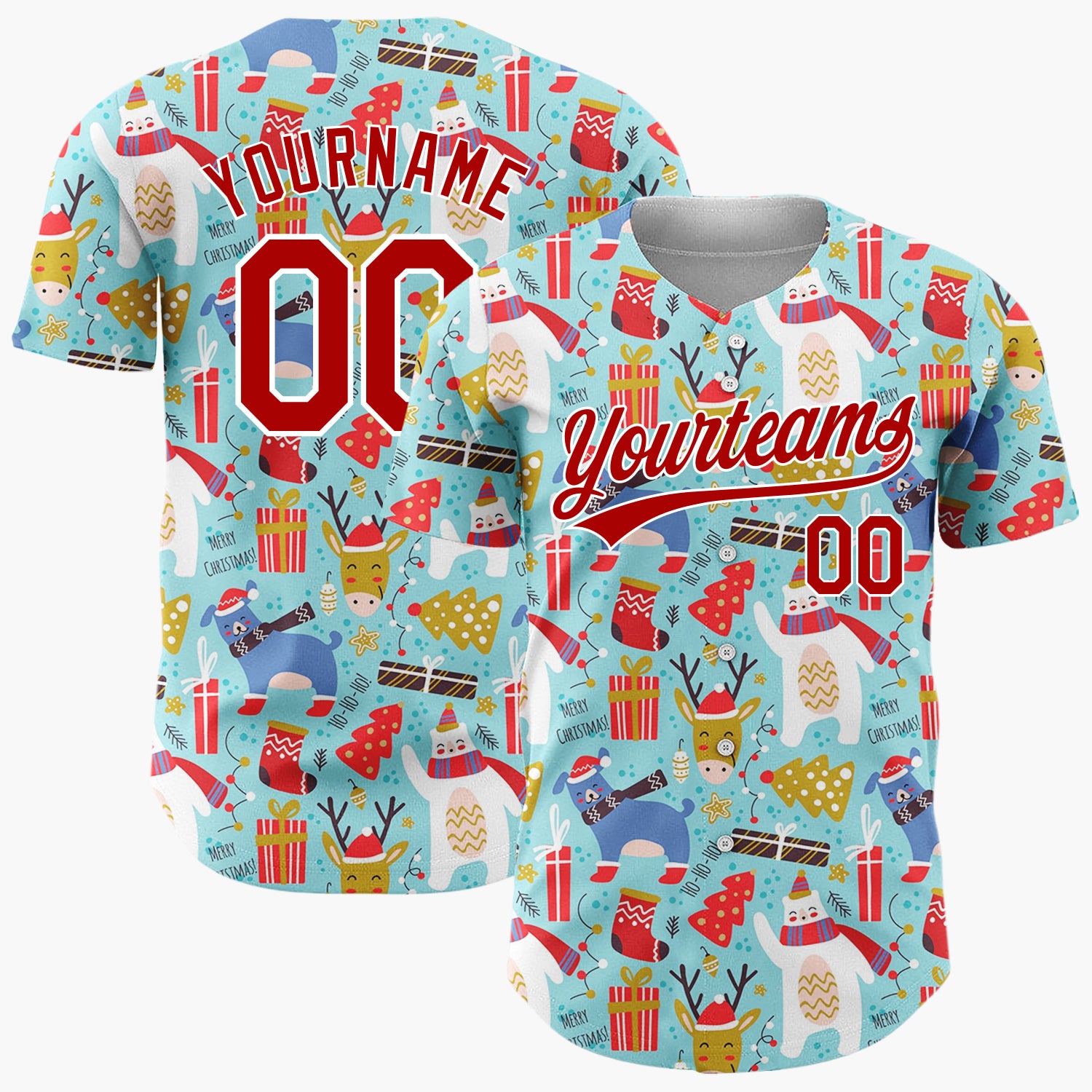 Custom Blue Red White Polar Bear And Reindeer Funny Animals Doodle Pattern Christmas Baseball Jersey