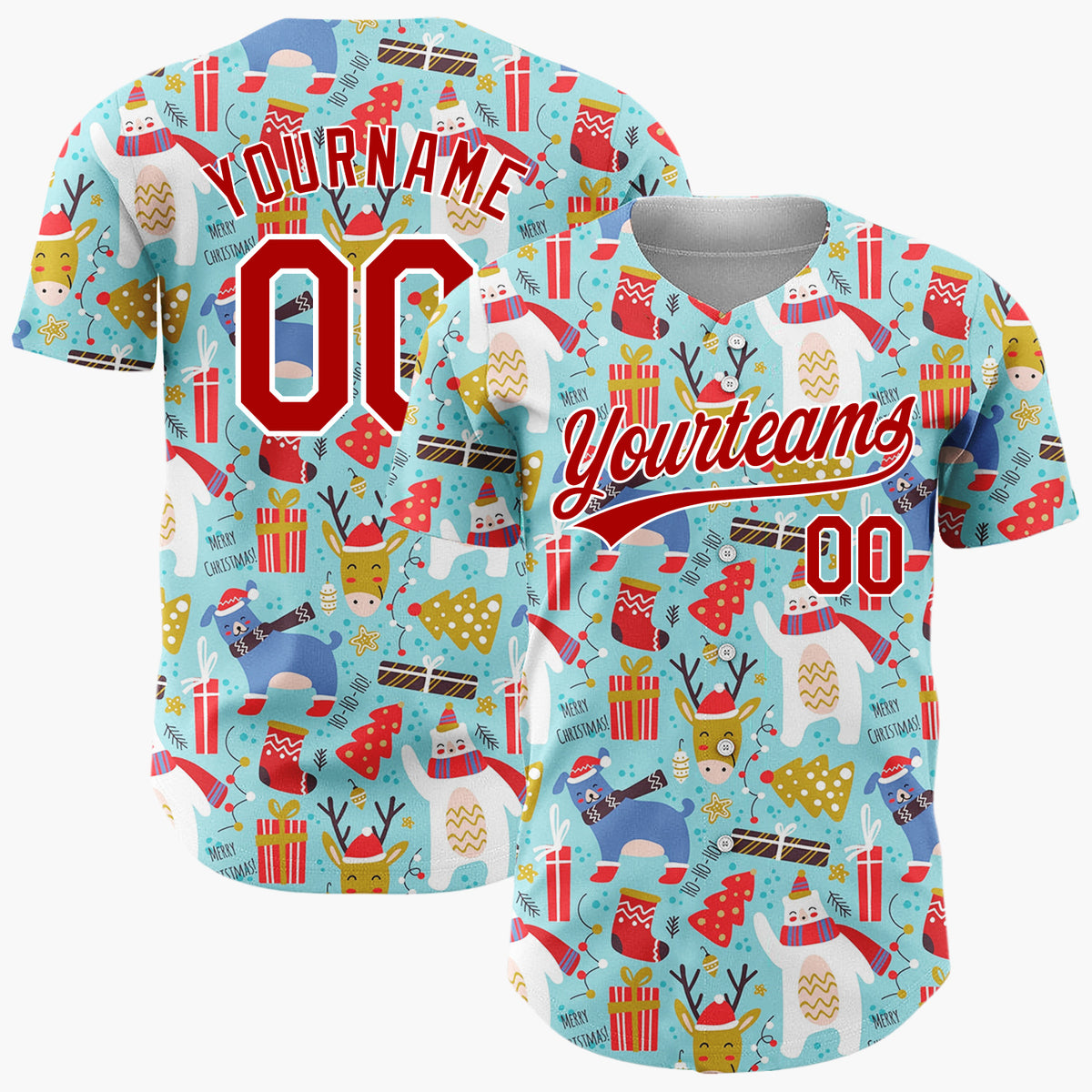 Custom Blue Red White Polar Bear And Reindeer Funny Animals Doodle Pattern Christmas Baseball Jersey