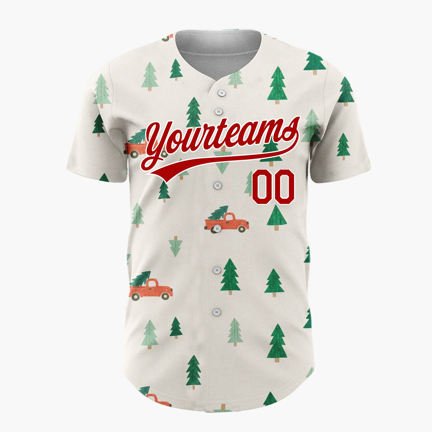 Custom Cream Green Christmas Trees And Trucks Vintage Holiday Pattern Christmas Baseball Jersey