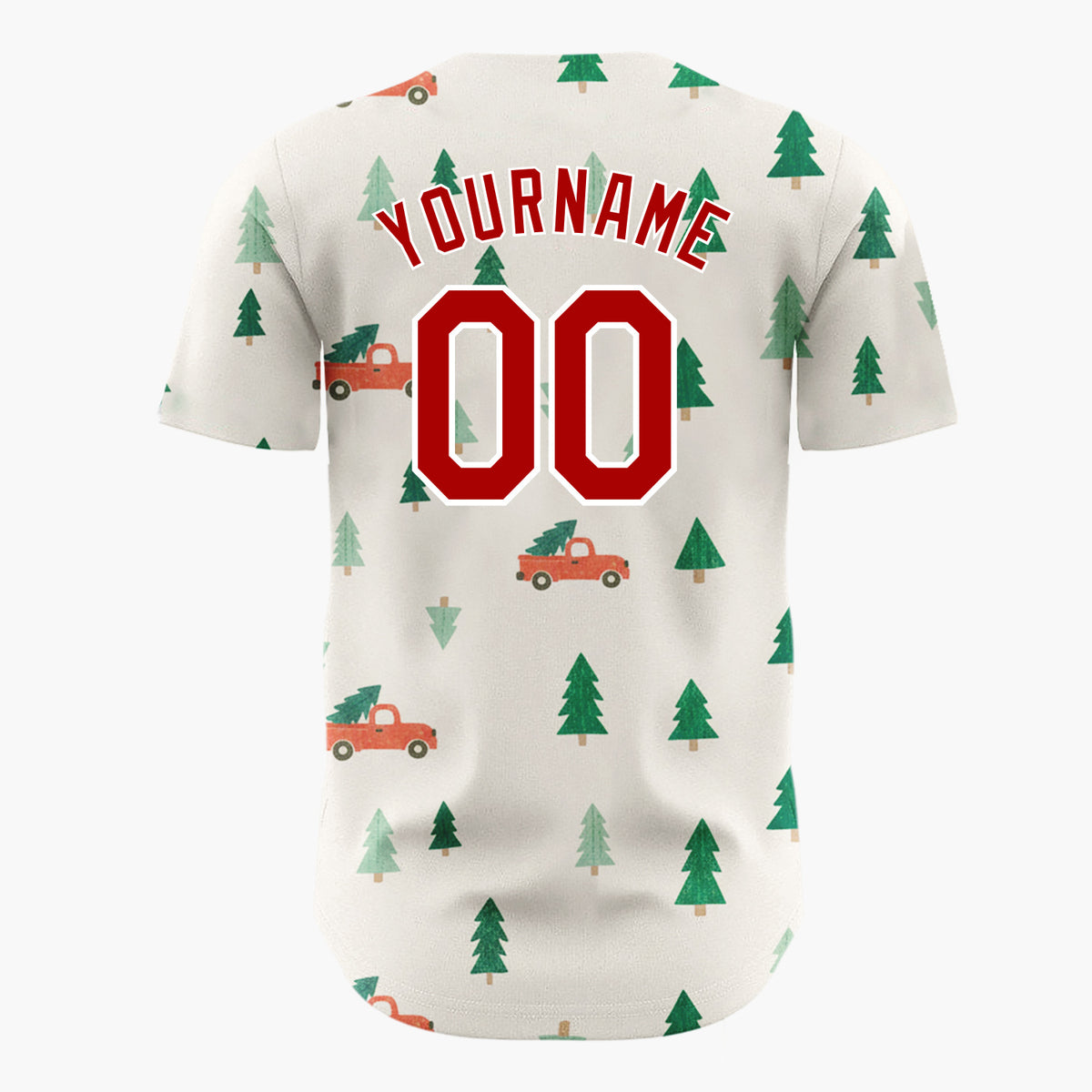 Custom Cream Green Christmas Trees And Trucks Vintage Holiday Pattern Christmas Baseball Jersey
