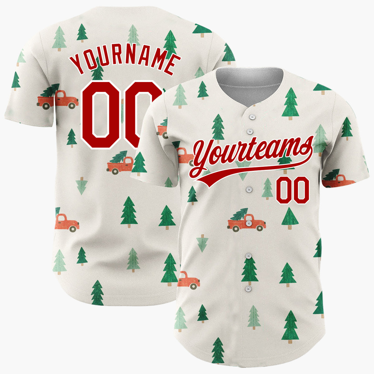 Custom Cream Green Christmas Trees And Trucks Vintage Holiday Pattern Christmas Baseball Jersey