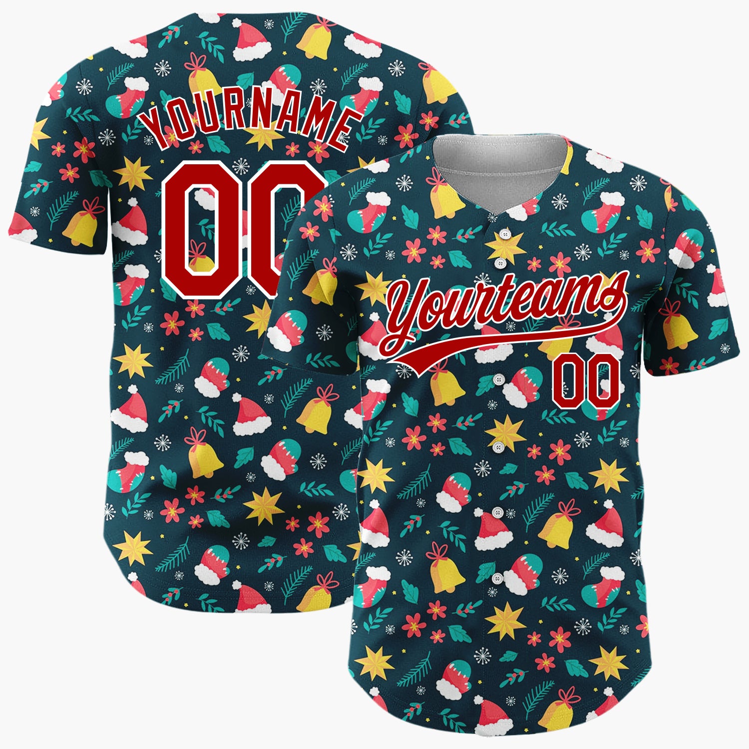 Custom Dark Blue Christmas Icons Winter Whimsy Cartoon Pattern Christmas Baseball Jersey