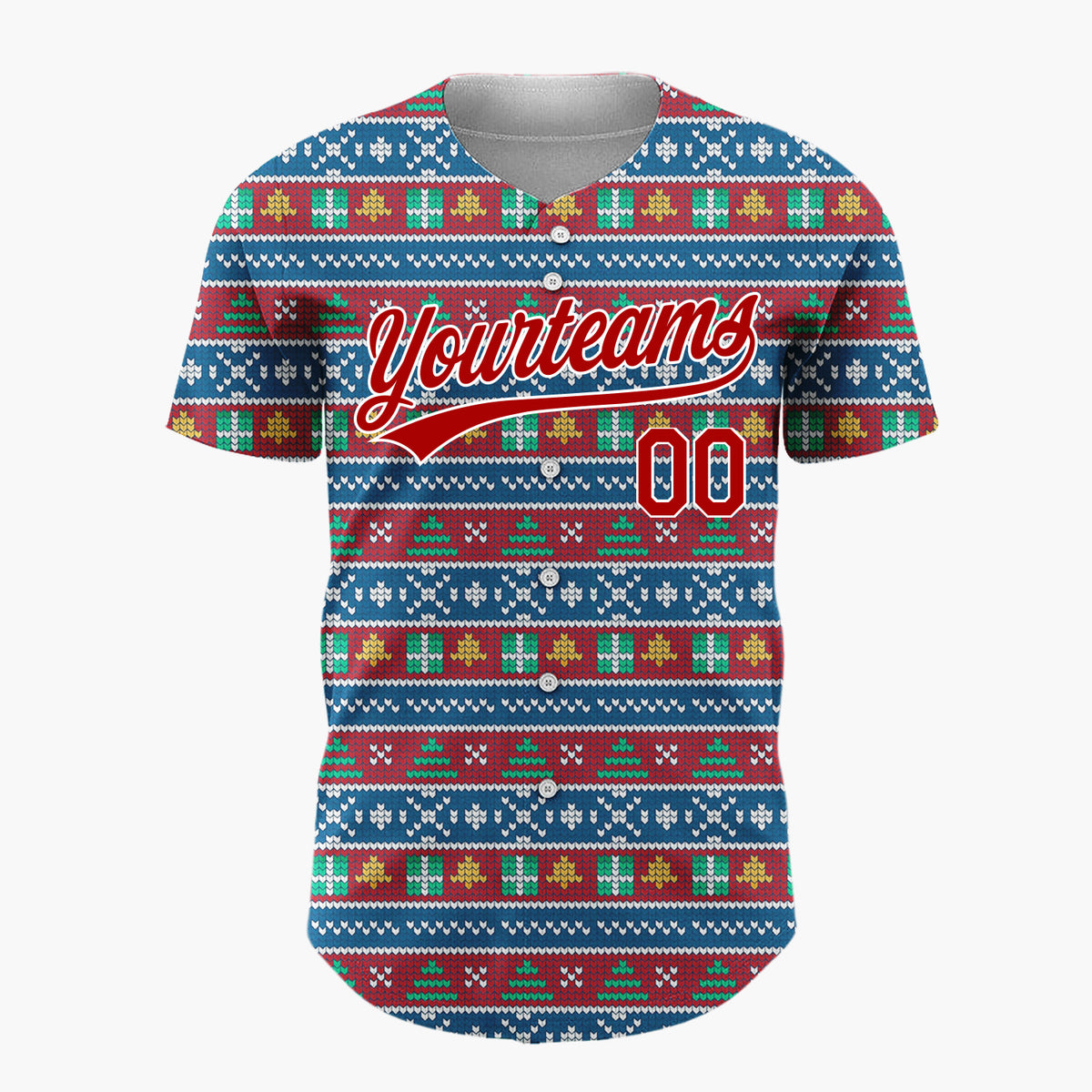 Custom Blue Red Trees And Snowflakes Traditional Knit Pattern Christmas Baseball Jersey