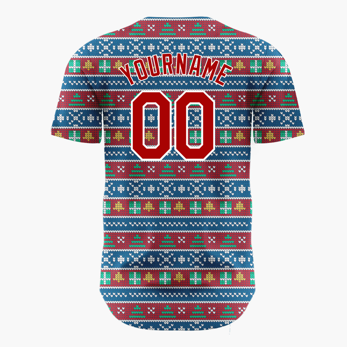 Custom Blue Red Trees And Snowflakes Traditional Knit Pattern Christmas Baseball Jersey